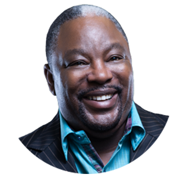 Smiling man in a striped suit and shirt.